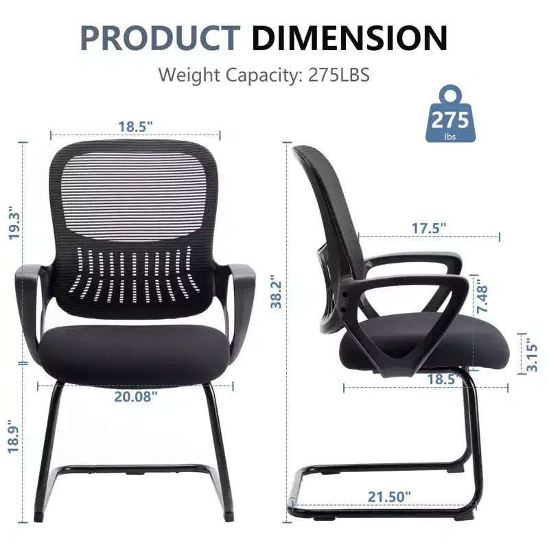 Lot de 2 fauteuils de bureau ergonomiques avec base luge, dossier en maille, accoudoirs confortables, support lombaire et sans roulettes