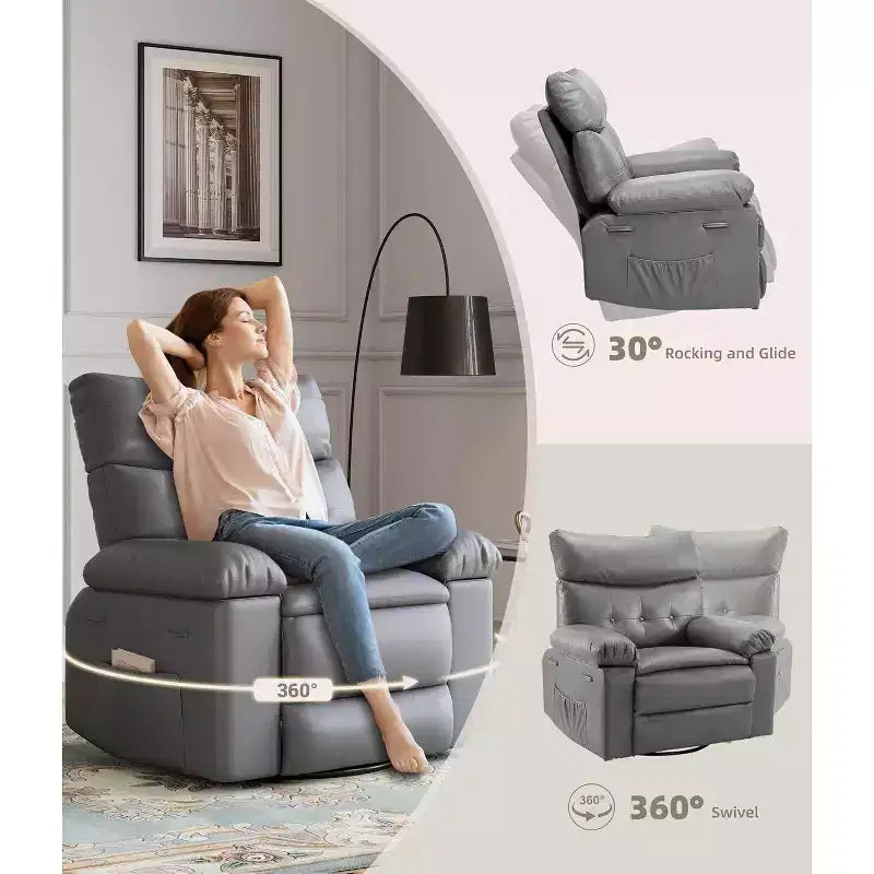 Fauteuil inclinable surdimensionné pour adultes - Fauteuil inclinable et pivotant à 360° en cuir PU, mécanisme d'inclinaison manuel, pour salon/salle de cinéma à domicile
