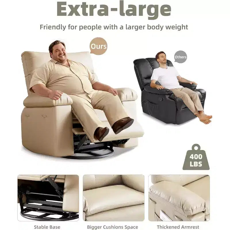 Fauteuil inclinable surdimensionné pour adultes - Fauteuil inclinable et pivotant à 360° en cuir PU, mécanisme d'inclinaison manuel, pour salon/salle de cinéma à domicile