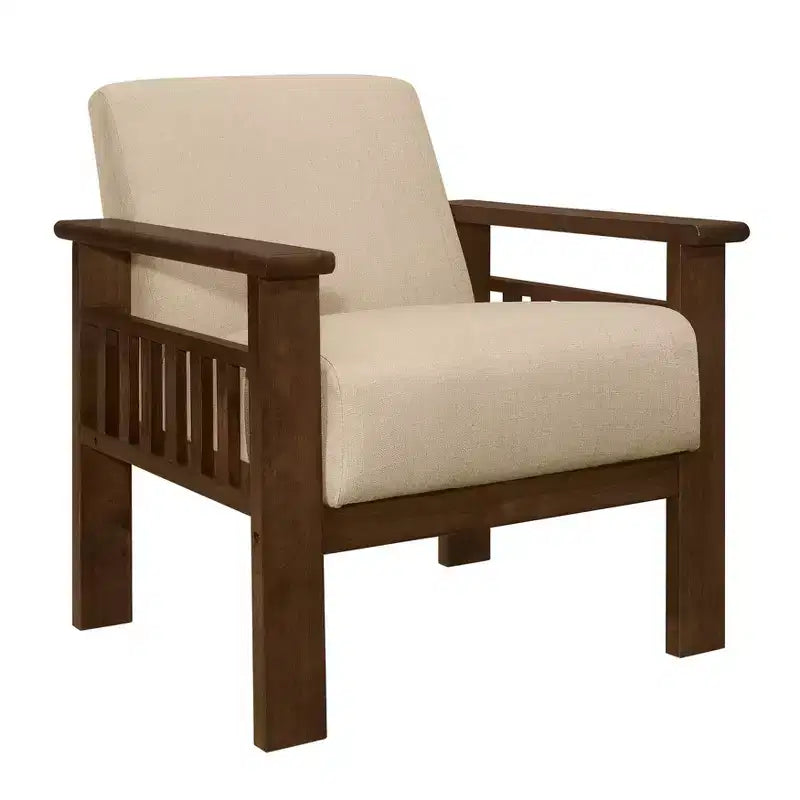 Fauteuil d'appoint Okak 1 pc Fauteuil de salon avec tissu d'ameublement Fauteuil en bois finition noyer Chaise de lecture et de loisirs avec assise et dossier rembourrés