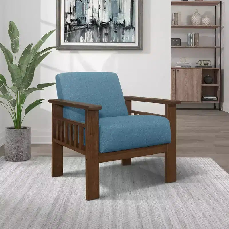 Fauteuil d'appoint Okak 1 pc Fauteuil de salon avec tissu d'ameublement Fauteuil en bois finition noyer Chaise de lecture et de loisirs avec assise et dossier rembourrés