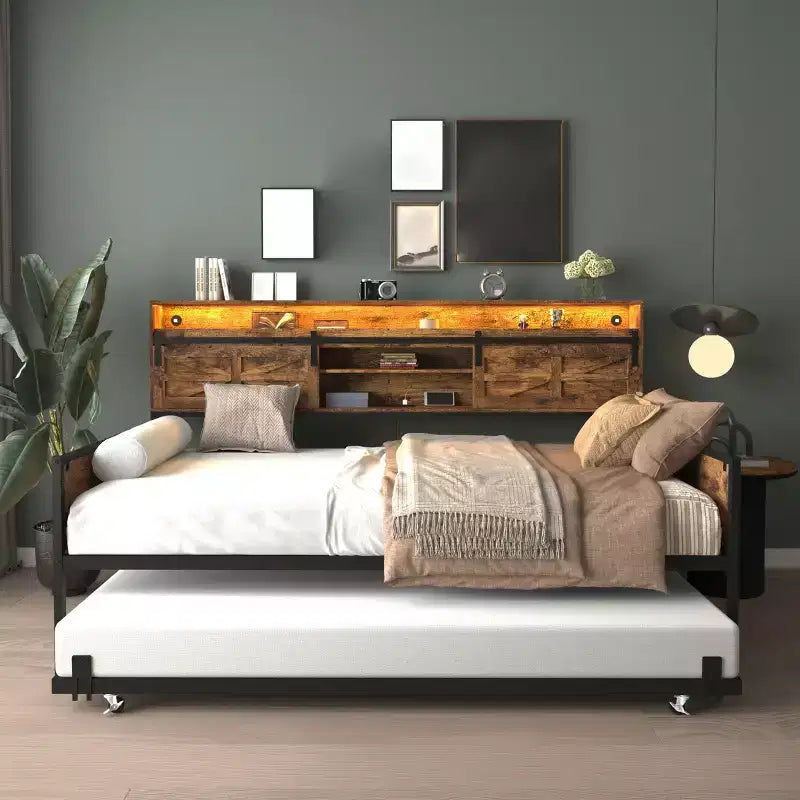 Lit de repos double avec lit gigogne, cadre de lit de repos avec tête de lit de rangement, lit plateforme de canapé robuste, lit de repos peu encombrant pour salon et chambre à coucher