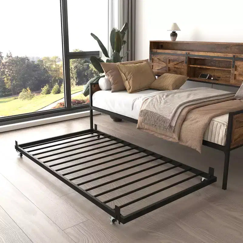 Lit de repos double avec lit gigogne, cadre de lit de repos avec tête de lit de rangement, lit plateforme de canapé robuste, lit de repos peu encombrant pour salon et chambre à coucher