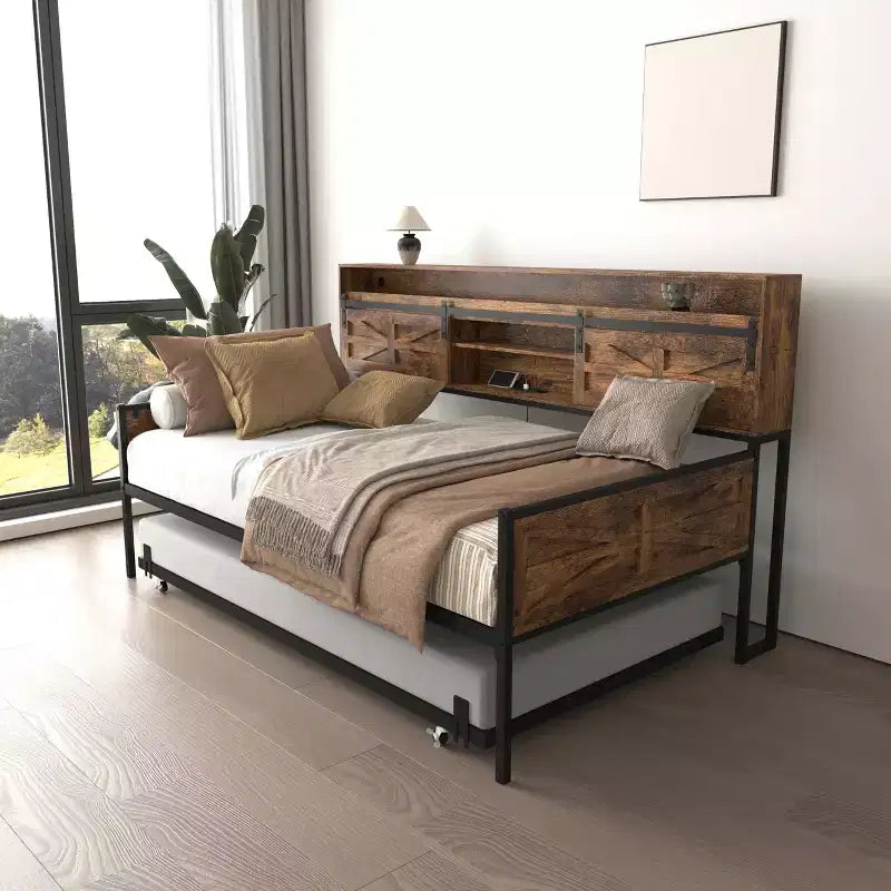 Lit de repos double avec lit gigogne, cadre de lit de repos avec tête de lit de rangement, lit plateforme de canapé robuste, lit de repos peu encombrant pour salon et chambre à coucher