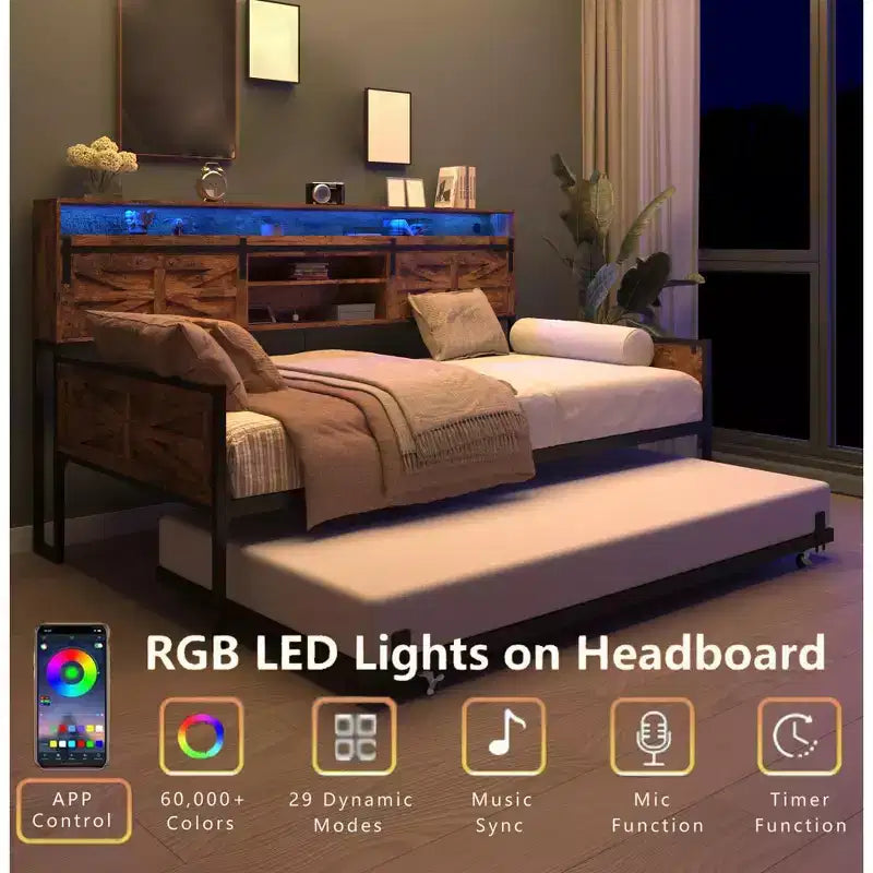 Lit de repos double avec lit gigogne, cadre de lit de repos avec tête de lit de rangement, lit plateforme de canapé robuste, lit de repos peu encombrant pour salon et chambre à coucher
