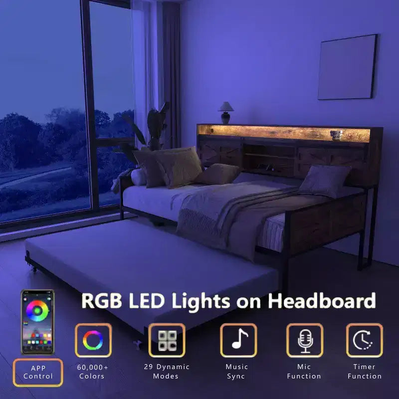 Lit de repos double avec lit gigogne, cadre de lit de repos avec tête de lit de rangement, lit plateforme de canapé robuste, lit de repos peu encombrant pour salon et chambre à coucher