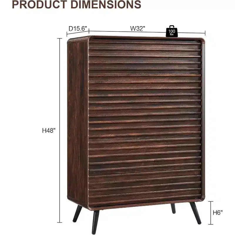 SinCiDo Commode 5 tiroirs, commode haute de 122 cm en bois cannelé de style moderne du milieu du siècle avec pieds coniques pour chambre, salon, couloir et dressing
