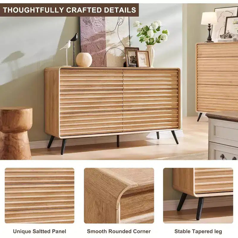 SinCiDo Commode 5 tiroirs, commode haute de 122 cm en bois cannelé de style moderne du milieu du siècle avec pieds coniques pour chambre, salon, couloir et dressing