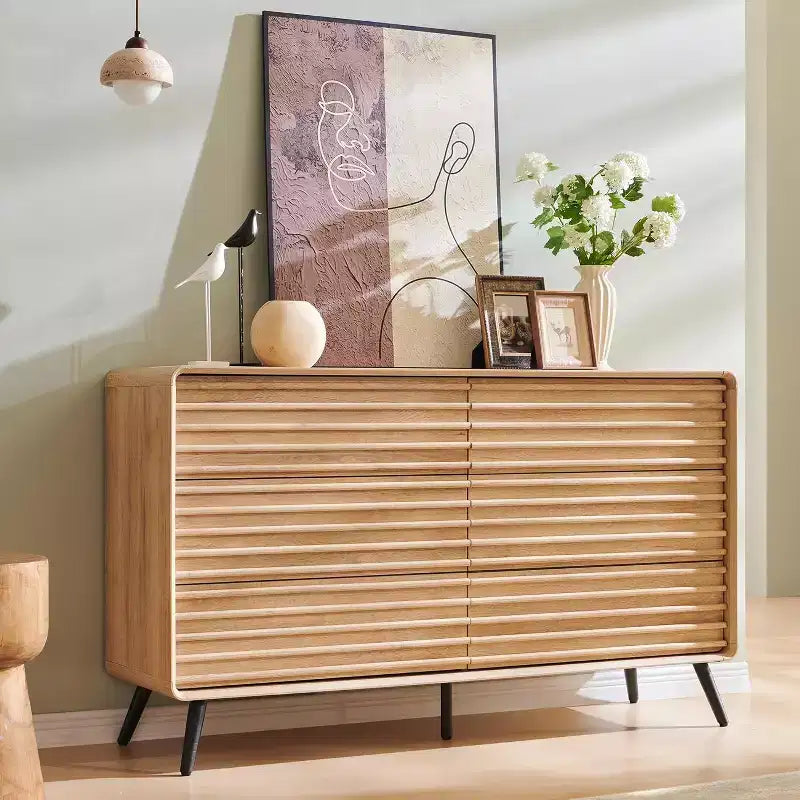 SinCiDo Commode 5 tiroirs, commode haute de 122 cm en bois cannelé de style moderne du milieu du siècle avec pieds coniques pour chambre, salon, couloir et dressing