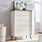 SinCiDo Commode 5 tiroirs, commode haute de 122 cm en bois cannelé de style moderne du milieu du siècle avec pieds coniques pour chambre, salon, couloir et dressing
