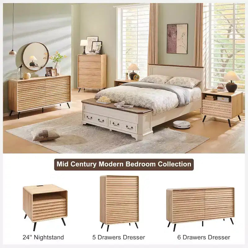 SinCiDo Commode 5 tiroirs, commode haute de 122 cm en bois cannelé de style moderne du milieu du siècle avec pieds coniques pour chambre, salon, couloir et dressing
