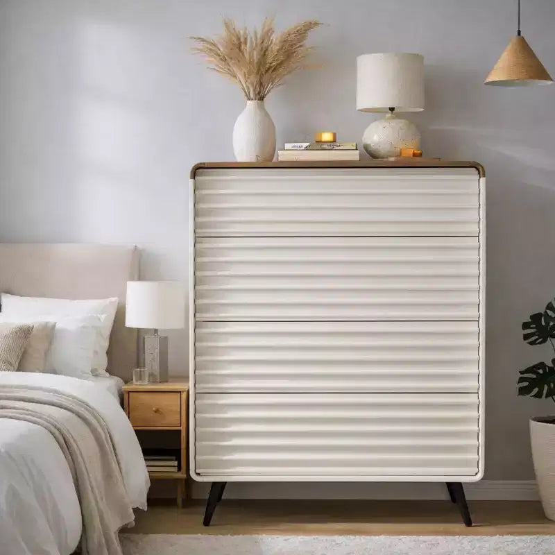 SinCiDo 5 Drawers Dresser, 48 Tall Mid Century Modern Fluted Wood Chest with Tapered Legs for Bedroom, Living Room, Hallway & Closet
