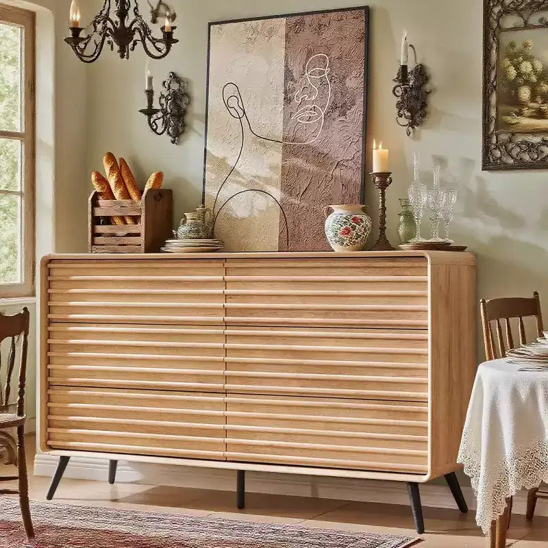 SinCiDo Commode 5 tiroirs, commode haute de 122 cm en bois cannelé de style moderne du milieu du siècle avec pieds coniques pour chambre, salon, couloir et dressing