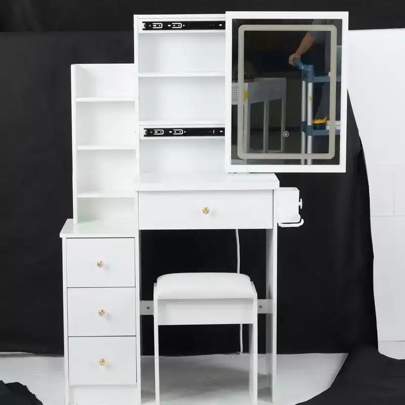Okak 29.2 Vanity Table and Chair Set, Small Size Left Bedside Cabinet Vanity Table with Extra Large Touch Control Sliding LED Mirror, Black