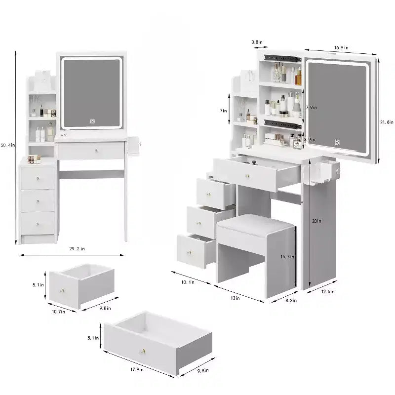Okak 29.2 Ensemble coiffeuse et chaise, petite coiffeuse de chevet gauche avec miroir LED coulissant tactile extra large, noir