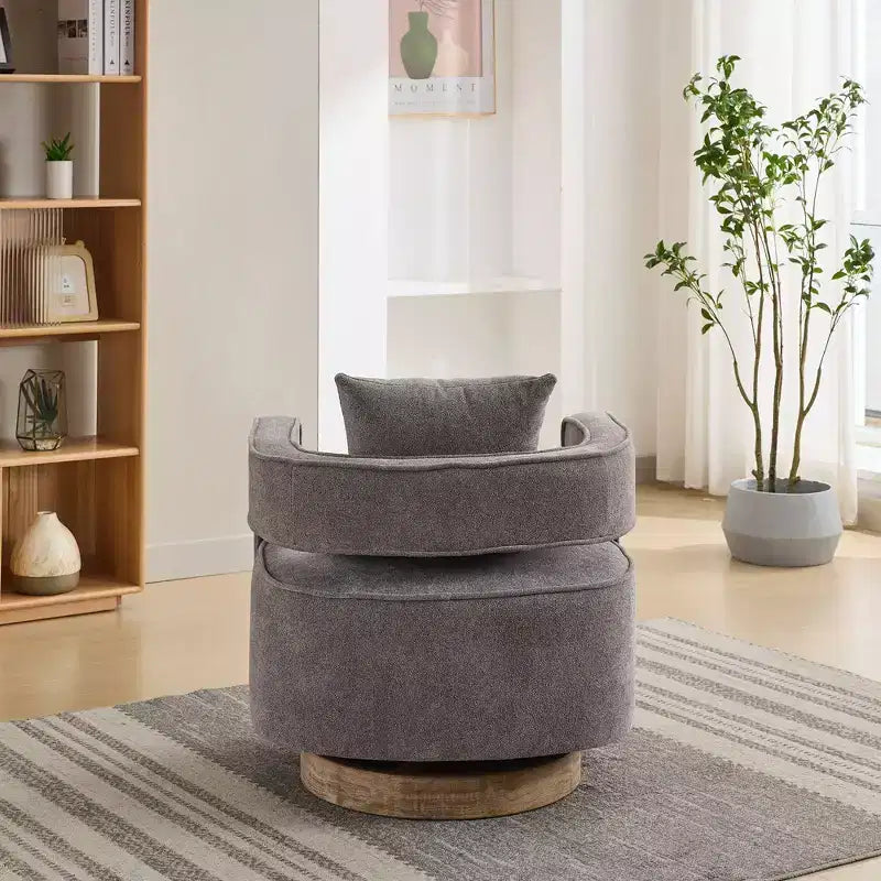 Fauteuil pivotant Okak 360° avec piètement en bois vieilli, fauteuil moderne à dossier ouvert pour salon, chambre à coucher