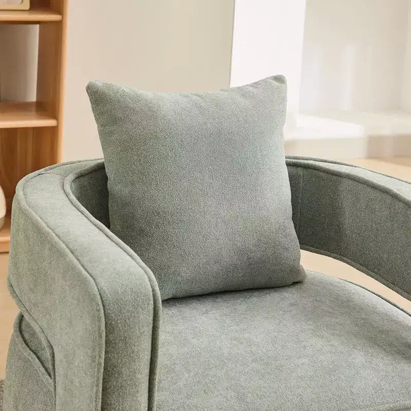 Fauteuil pivotant Okak 360° avec piètement en bois vieilli, fauteuil moderne à dossier ouvert pour salon, chambre à coucher