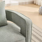 Fauteuil pivotant Okak 360° avec piètement en bois vieilli, fauteuil moderne à dossier ouvert pour salon, chambre à coucher