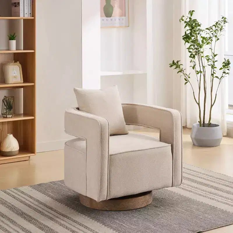 Fauteuil pivotant Okak 360° avec piètement en bois vieilli, fauteuil moderne à dossier ouvert pour salon, chambre à coucher