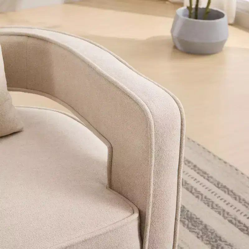 Fauteuil pivotant Okak 360° avec piètement en bois vieilli, fauteuil moderne à dossier ouvert pour salon, chambre à coucher