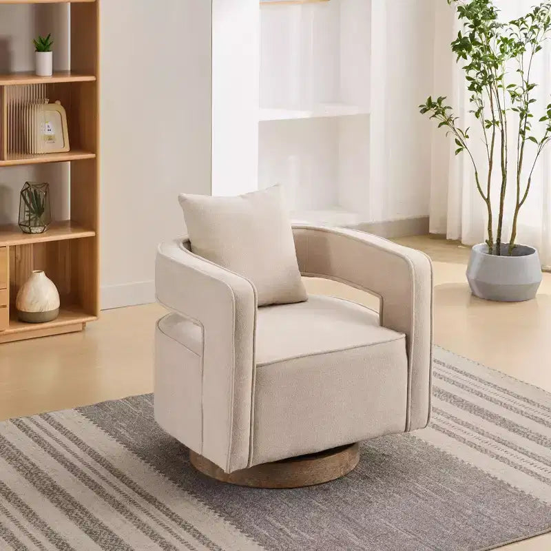 Fauteuil pivotant Okak 360° avec piètement en bois vieilli, fauteuil moderne à dossier ouvert pour salon, chambre à coucher