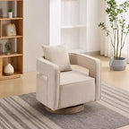 Fauteuil pivotant Okak 360° avec piètement en bois vieilli, fauteuil moderne à dossier ouvert pour salon, chambre à coucher
