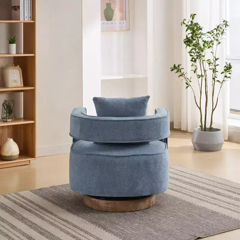 Fauteuil pivotant Okak 360° avec piètement en bois vieilli, fauteuil moderne à dossier ouvert pour salon, chambre à coucher