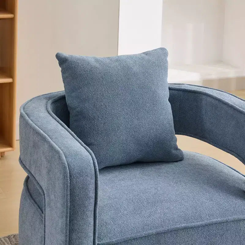 Fauteuil pivotant Okak 360° avec piètement en bois vieilli, fauteuil moderne à dossier ouvert pour salon, chambre à coucher