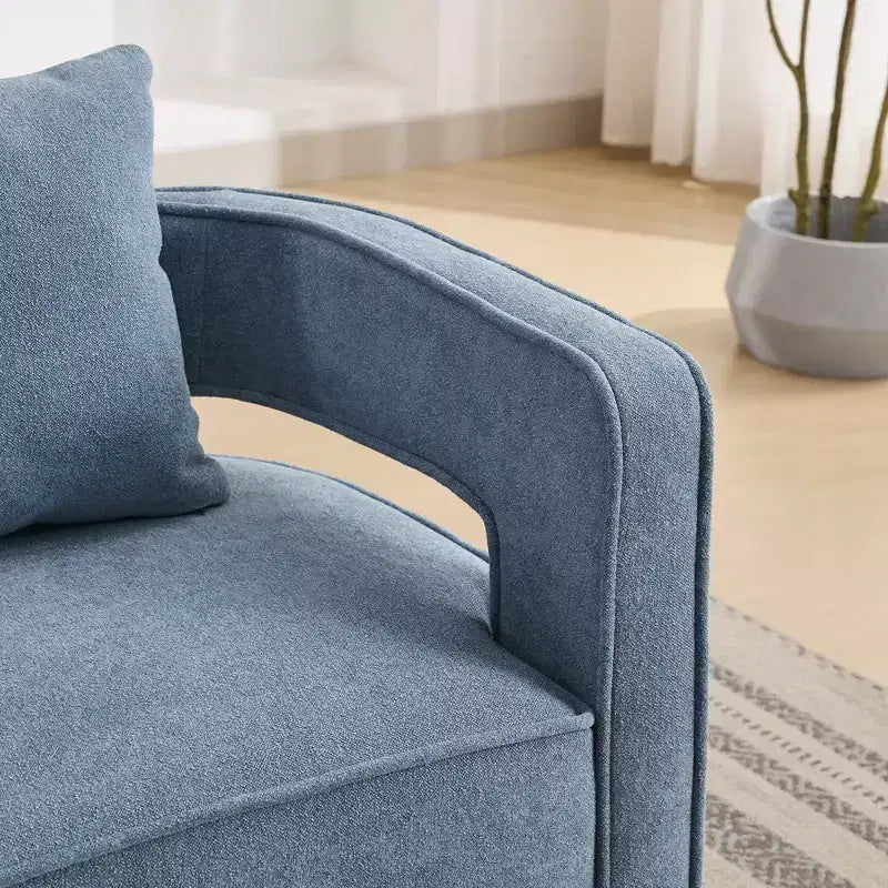 Fauteuil pivotant Okak 360° avec piètement en bois vieilli, fauteuil moderne à dossier ouvert pour salon, chambre à coucher