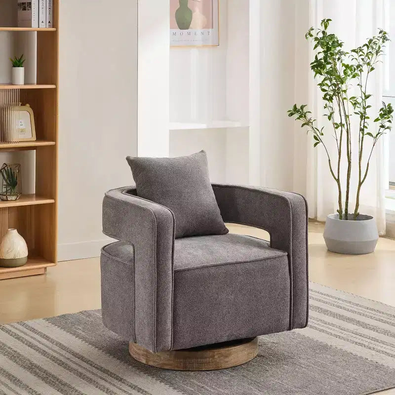 Fauteuil pivotant Okak 360° avec piètement en bois vieilli, fauteuil moderne à dossier ouvert pour salon, chambre à coucher