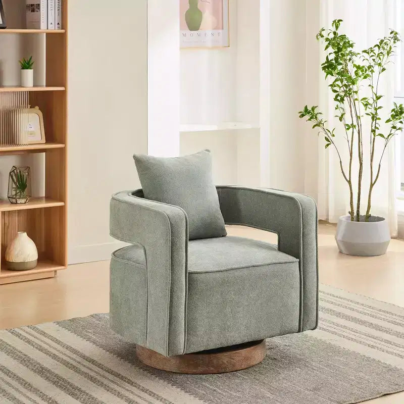 Fauteuil pivotant Okak 360° avec piètement en bois vieilli, fauteuil moderne à dossier ouvert pour salon, chambre à coucher
