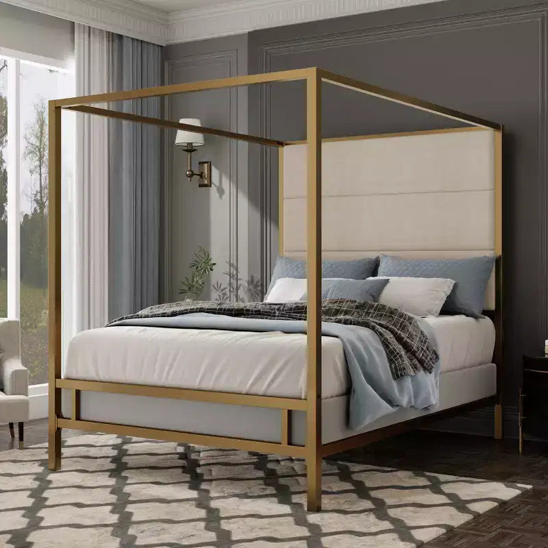 Lit à baldaquin Queen/King Size avec Cadre de Lit à 4 Montants en Métal et Tête de Lit Haute Rembourrée en Tissu Lin, Sommier Requis, Or+Fauve/Noir+Blanc-ModernLuxe