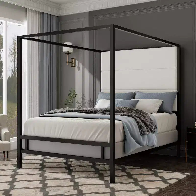 Lit à baldaquin Queen/King Size avec Cadre de Lit à 4 Montants en Métal et Tête de Lit Haute Rembourrée en Tissu Lin, Sommier Requis, Or+Fauve/Noir+Blanc-ModernLuxe