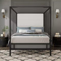 Queen/King Size Canopy Bed Metal 4-Poster Bed Frame with Tall Linen Fabric Upholstered Headboard, Box Spring Needed, Gold+Tan/Black+White-ModernLuxe