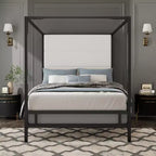 Queen/King Size Canopy Bed Metal 4-Poster Bed Frame with Tall Linen Fabric Upholstered Headboard, Box Spring Needed, Gold+Tan/Black+White-ModernLuxe