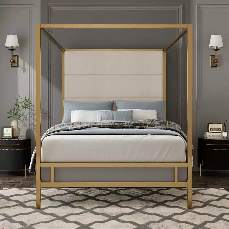 Lit à baldaquin Queen/King Size avec Cadre de Lit à 4 Montants en Métal et Tête de Lit Haute Rembourrée en Tissu Lin, Sommier Requis, Or+Fauve/Noir+Blanc-ModernLuxe