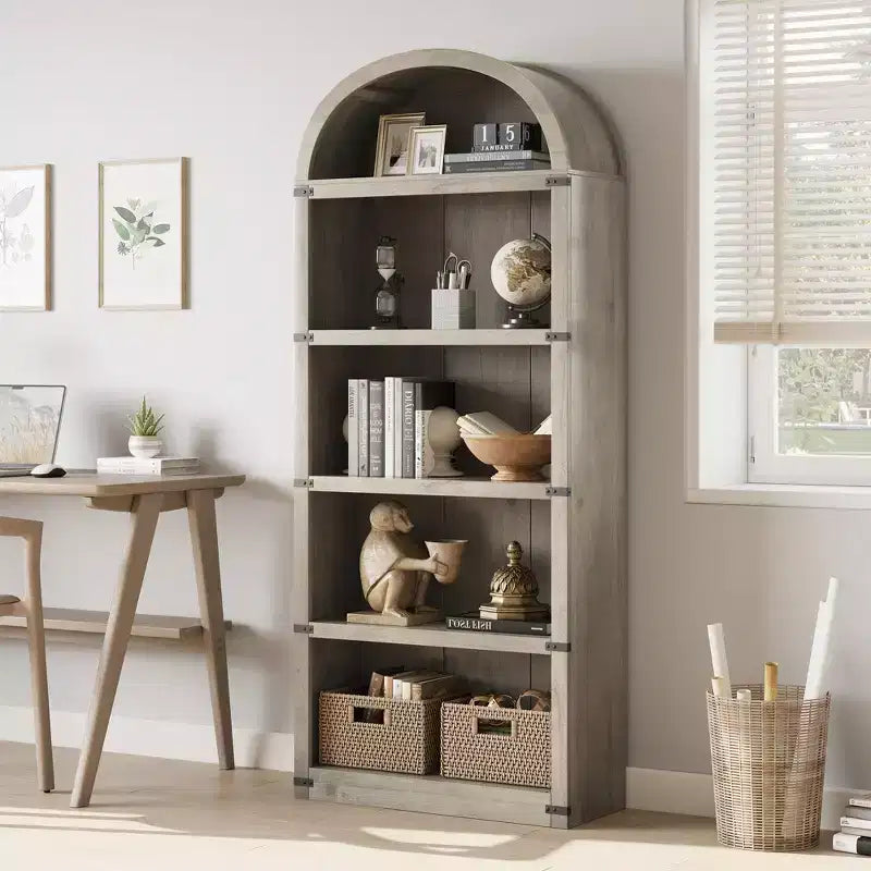 Bibliothèque 5 étagères, bibliothèque arquée 182 cm, étagère de rangement style ferme, étagères en bois pour bureau, salon