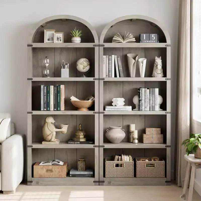 Bibliothèque 5 étagères, bibliothèque arquée 182 cm, étagère de rangement style ferme, étagères en bois pour bureau, salon