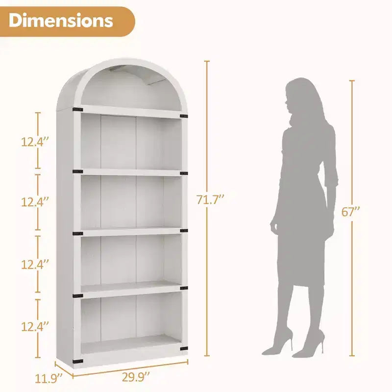 Bibliothèque 5 étagères, bibliothèque arquée 182 cm, étagère de rangement style ferme, étagères en bois pour bureau, salon