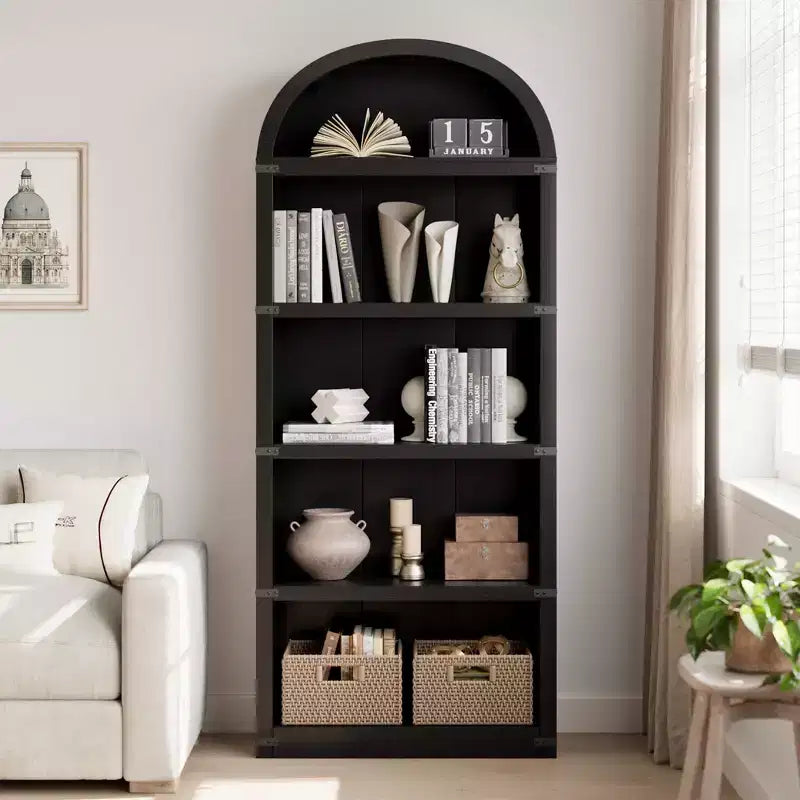Bibliothèque 5 étagères, bibliothèque arquée 182 cm, étagère de rangement style ferme, étagères en bois pour bureau, salon