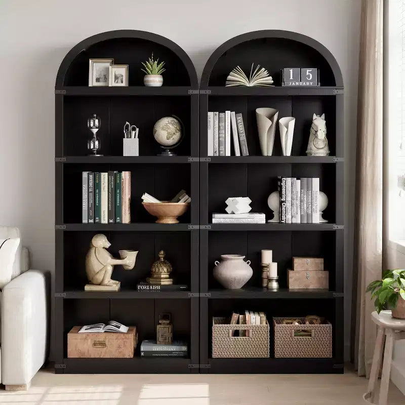 Bibliothèque 5 étagères, bibliothèque arquée 182 cm, étagère de rangement style ferme, étagères en bois pour bureau, salon