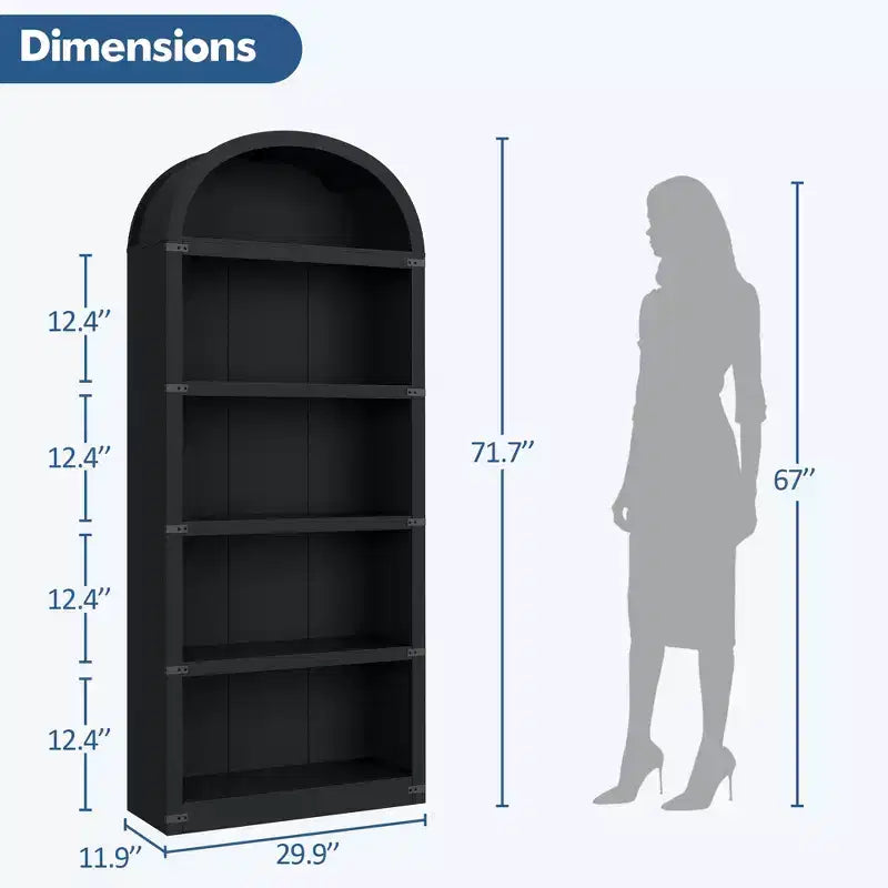 Bibliothèque 5 étagères, bibliothèque arquée 182 cm, étagère de rangement style ferme, étagères en bois pour bureau, salon