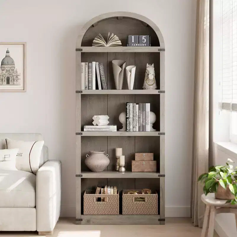 Bibliothèque 5 étagères, bibliothèque arquée 182 cm, étagère de rangement style ferme, étagères en bois pour bureau, salon