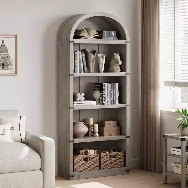 Bibliothèque 5 étagères, bibliothèque arquée 182 cm, étagère de rangement style ferme, étagères en bois pour bureau, salon