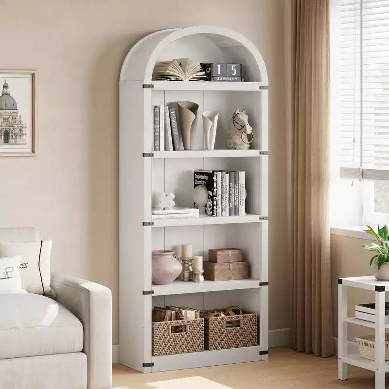 Bibliothèque 5 étagères, bibliothèque arquée 182 cm, étagère de rangement style ferme, étagères en bois pour bureau, salon