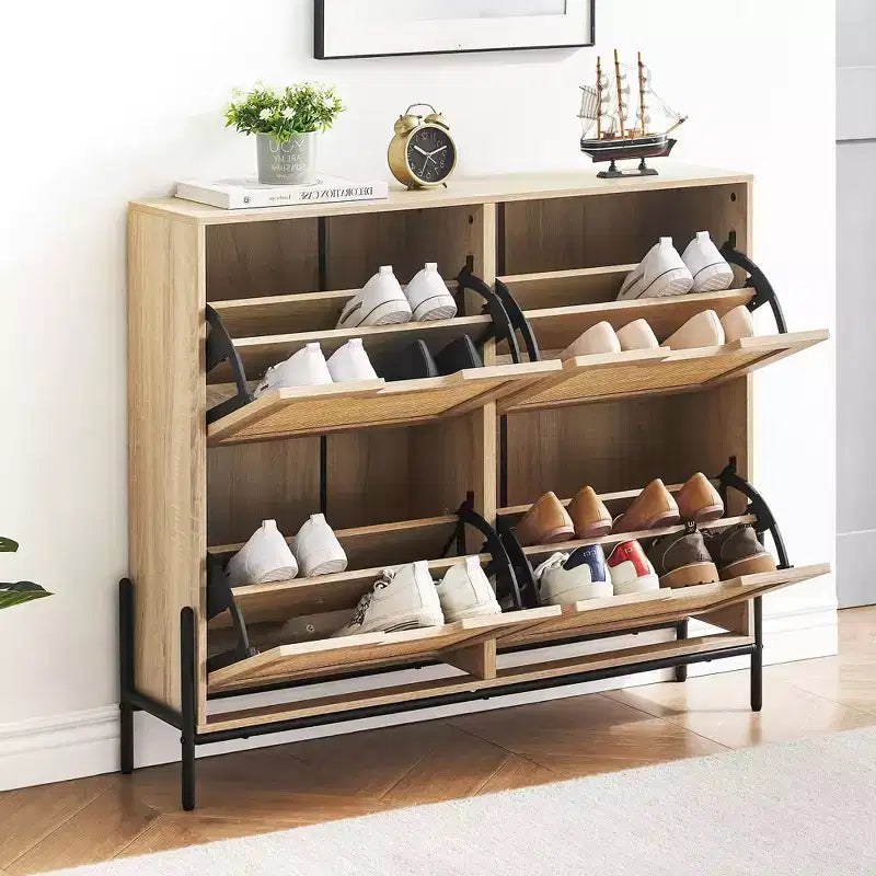 Meuble à chaussures Acekool en rotin à 4 tiroirs basculants avec pieds en métal, organiseur à chaussures étroit et autoportant pour entrée