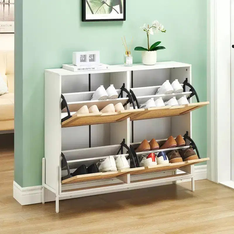Meuble à chaussures Acekool en rotin à 4 tiroirs basculants avec pieds en métal, organiseur à chaussures étroit et autoportant pour entrée