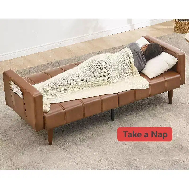 Canapé-lit futon de 75 pouces, canapé-futon moderne du milieu du siècle, canapé-lit convertible avec dossier réglable, causeuse avec poches latérales, canapé en cuir PU