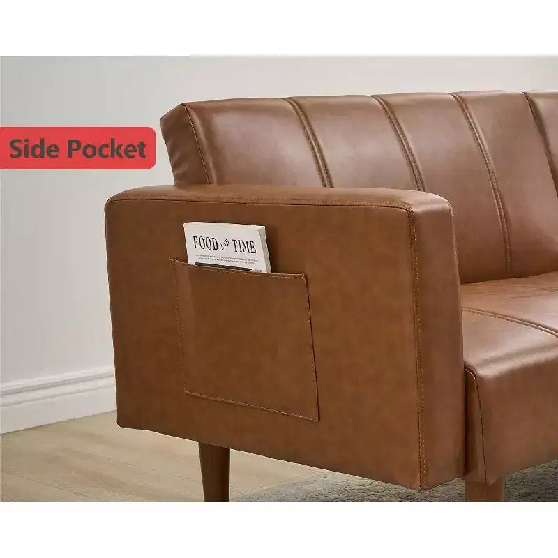 Canapé-lit futon de 75 pouces, canapé-futon moderne du milieu du siècle, canapé-lit convertible avec dossier réglable, causeuse avec poches latérales, canapé en cuir PU