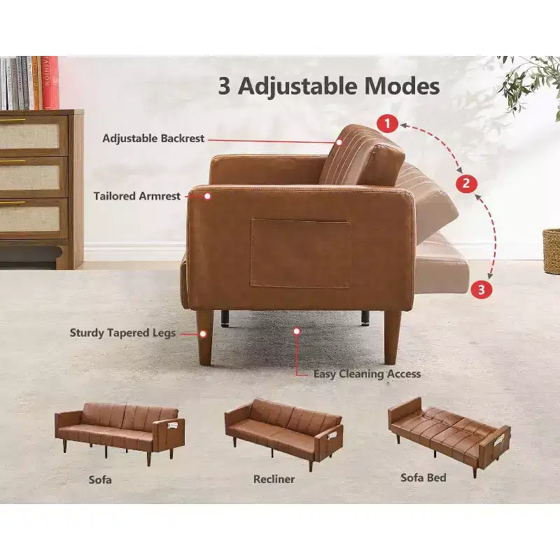 Canapé-lit futon de 75 pouces, canapé-futon moderne du milieu du siècle, canapé-lit convertible avec dossier réglable, causeuse avec poches latérales, canapé en cuir PU